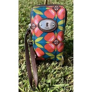 Fossil Wristlet Wallet Womens Small Key-Per Canvas Floral Strap Pouch Bag Purse